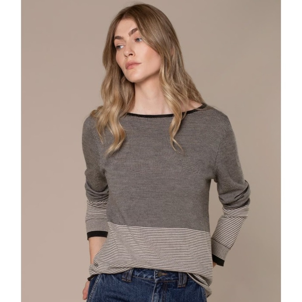Celtic & Co Merino Fine Knit Boat Neck Jumper Charcoal Ecru Stripe Large NWT‎